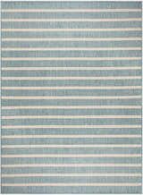 Close-up of Nourison Positano Aqua Ivory rug. Features a modern striped pattern in aqua blue and ivory.