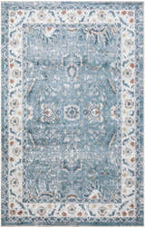 Close-up of the Nourison Astra Blue Vintage Rug. Features a light blue, floral, and vintage design. Washable area rug.