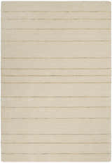 Close-up of the Calvin Klein Halo Ivory rug. Handmade wool rug with a subtle horizontal stripe pattern in chestnut.