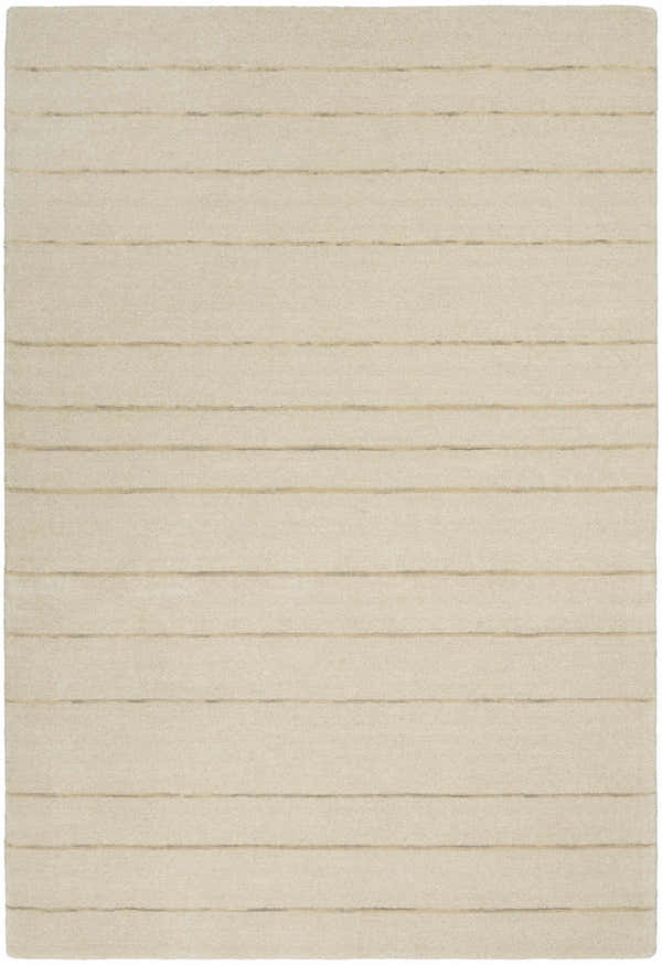 Close-up of the Calvin Klein Halo Ivory rug. Handmade wool rug with a subtle horizontal stripe pattern in chestnut.
