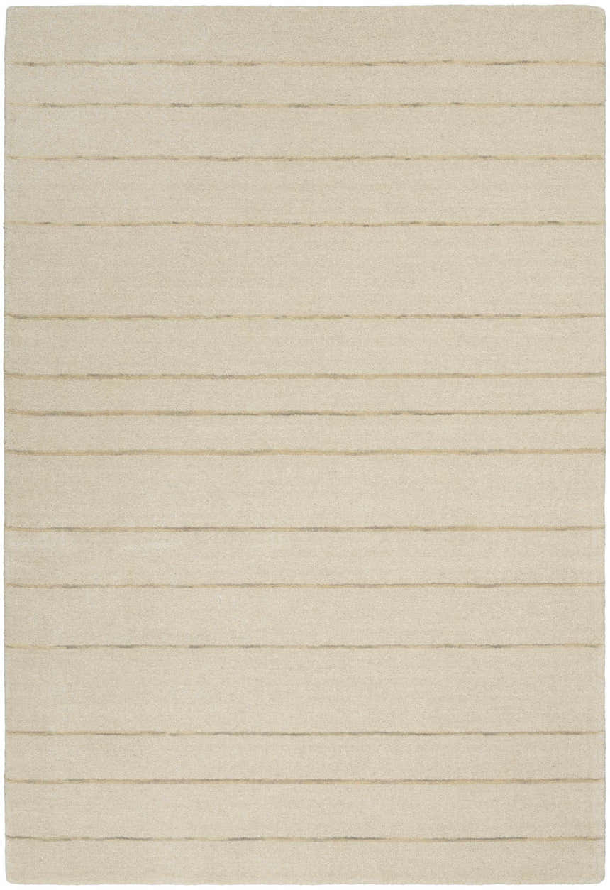 Close-up of the Calvin Klein Halo Ivory rug. Handmade wool rug with a subtle horizontal stripe pattern in chestnut.