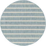 Close-up of a round Nourison Positano Aqua Ivory rug. Features a striped pattern in aqua and ivory. Machine-made texture.