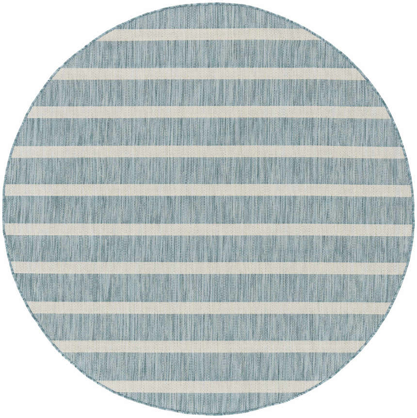 Close-up of a round Nourison Positano Aqua Ivory rug. Features a striped pattern in aqua and ivory. Machine-made texture.