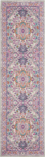 Close up of Nourison Passion Light Grey Pink Bohemian Indoor Area Rug with floral, geometric design and pink, blue, and gray tones.