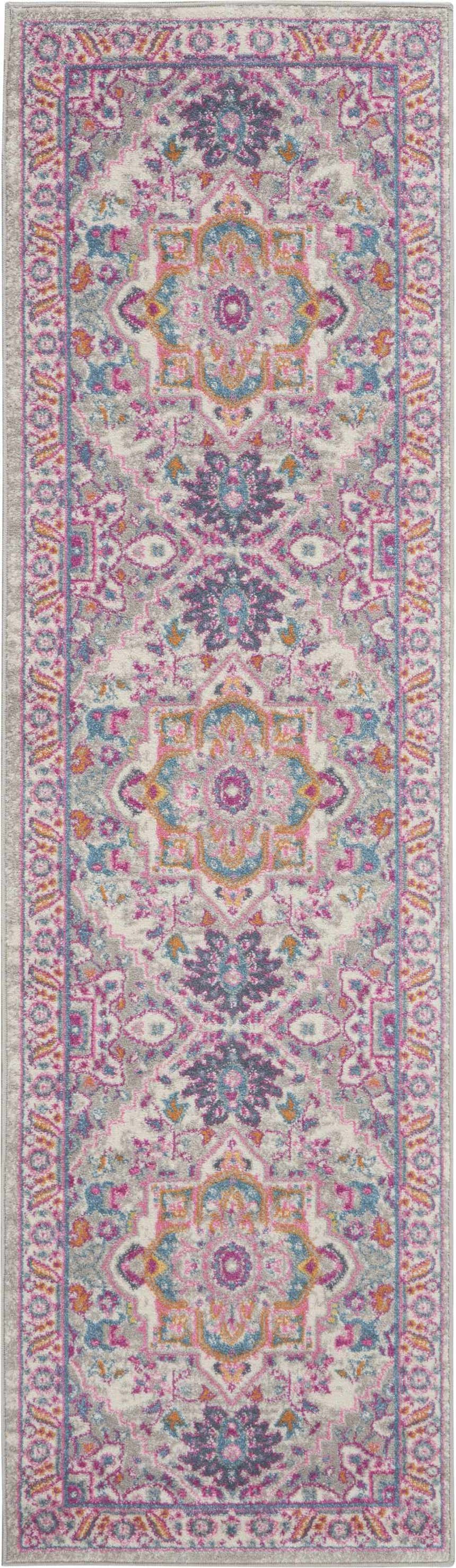 Close up of Nourison Passion Light Grey Pink Bohemian Indoor Area Rug with floral, geometric design and pink, blue, and gray tones.