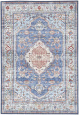 Nourison Fulton Blue Vintage Area Rug. Machine-made polyester rug with light blue, red, and peach vintage design.