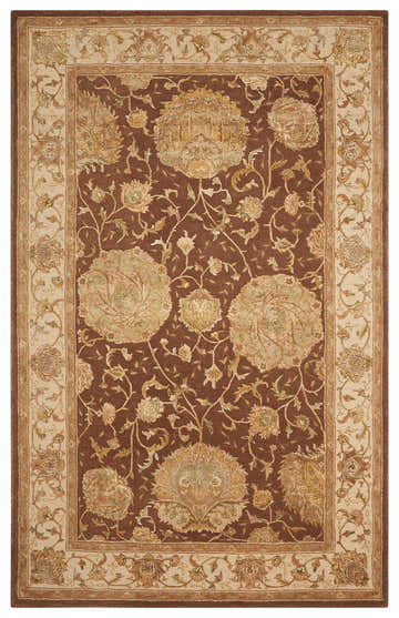 Detailed floral design on a Nourison 3000 Brown Indoor Area Rug. Handmade wool and silk rug with dark brown and beige tones.