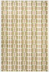 Close-up of Nourison Nordic Multicolor rug. Modern design with green and tan geometric pattern on cream background.