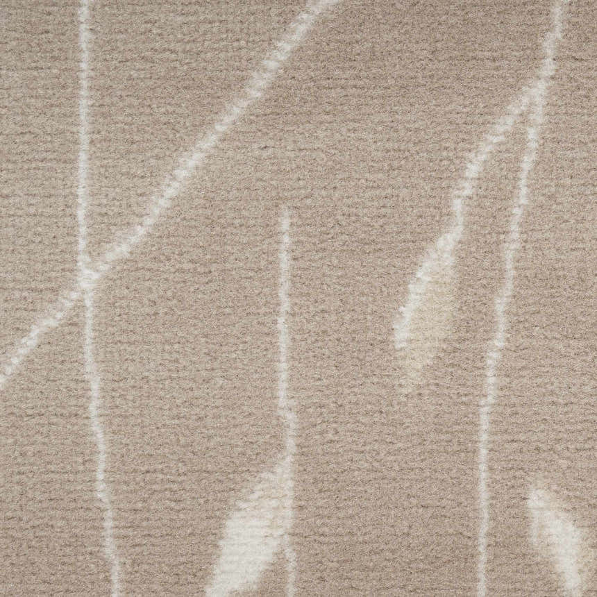 Close-up of the Nourison Grafix Beige Rug, showing its soft texture and subtle, abstract white line design.