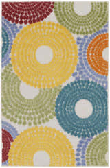 Close-up of Nourison Aloha Multicolor rug with a retro circle pattern in yellow, blue, green, orange, and red.