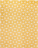 Close-up of Nourison Harper Yellow rug featuring a repeating geometric semicircle pattern. Colorful design.