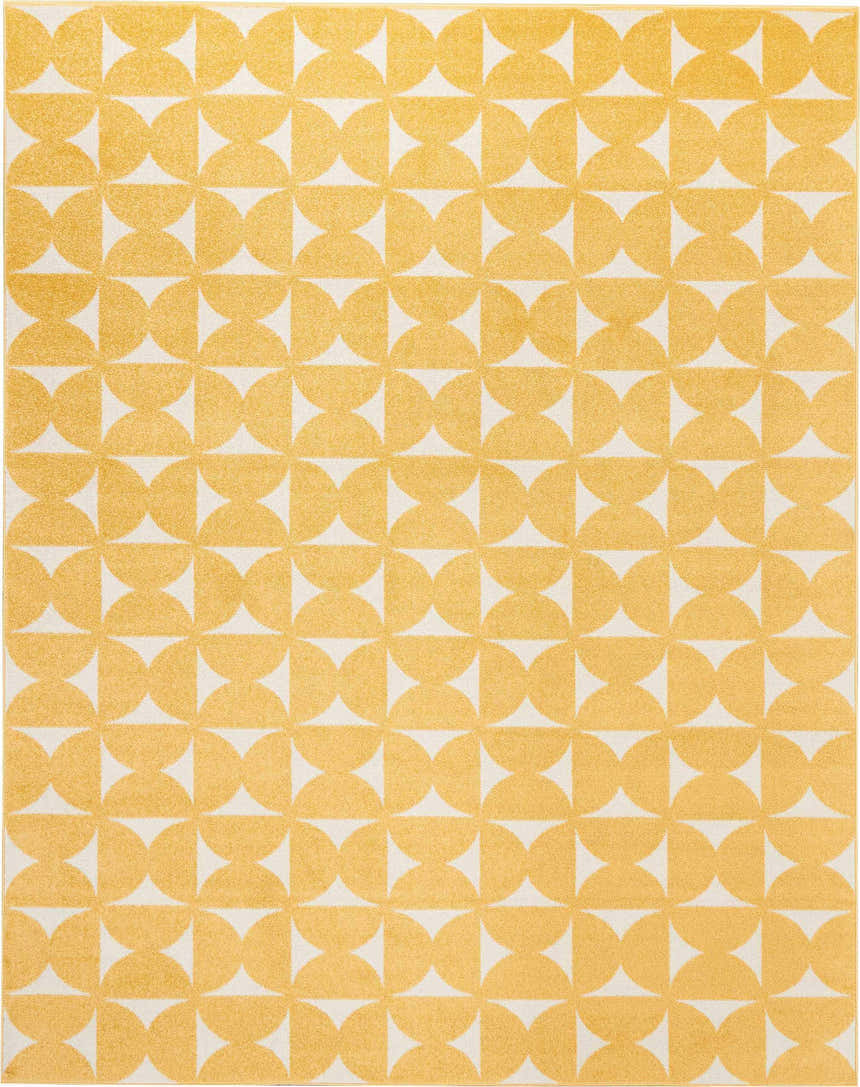 Close-up of Nourison Harper Yellow rug featuring a repeating geometric semicircle pattern. Colorful design.