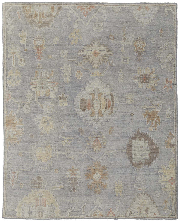 Close-up of the Feizy Grafton blue, gray, and yellow area rug. Features a transitional floral and botanical design. Design-Rectangle