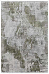Close-up of the Feizy Cadiz Modern Ikat rug; gray, green, and silver abstract pattern and soft texture. Design-Rectangle