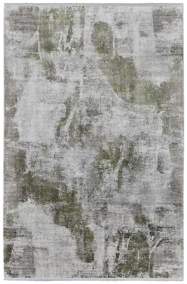 Close-up of the Feizy Cadiz Modern Ikat rug; gray, green, and silver abstract pattern and soft texture. Design-Rectangle