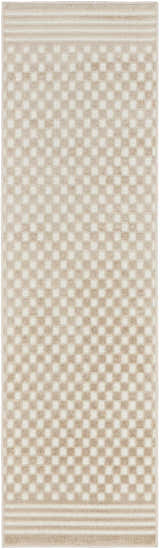 Close-up of the Nourison Care Free Beige rug. Features a checkerboard pattern and striped borders. Modern style.