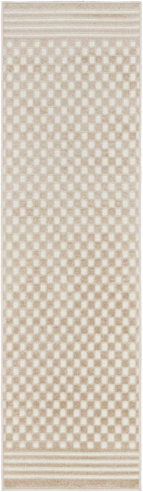 Close-up of the Nourison Care Free Beige rug. Features a checkerboard pattern and striped borders. Modern style.