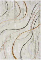 Close-up of Nourison Glitz Ivory Multicolor rug with abstract chestnut, gold, gray, and pink swirling line design.