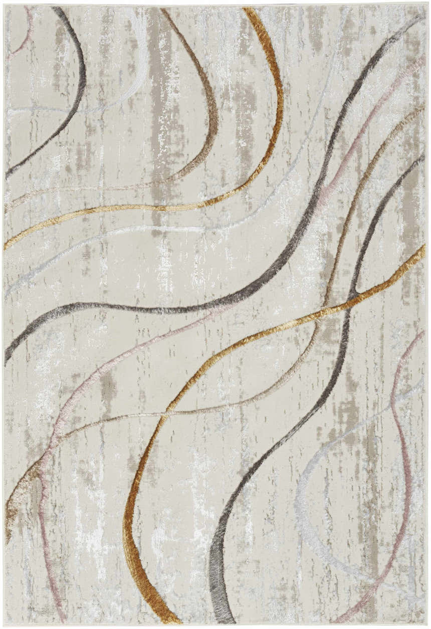 Close-up of Nourison Glitz Ivory Multicolor rug with abstract chestnut, gold, gray, and pink swirling line design.