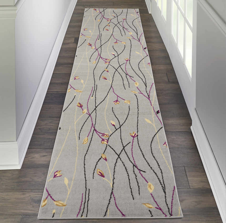 Hallway with a Nourison Grafix Grey Contemporary Indoor Area Rug runner featuring a floral vine design.