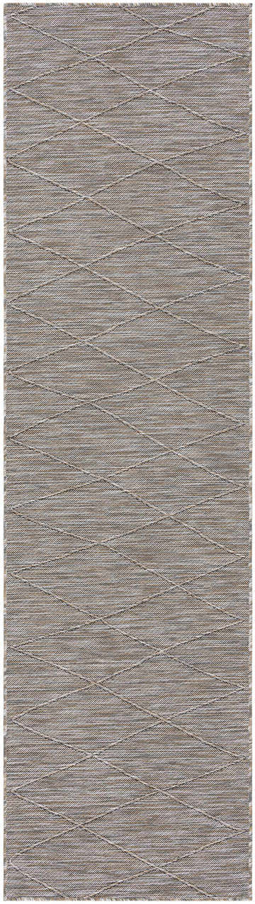 Close-up of Nourison Solutions Grey Mocha rug. Machine-made weave with diamond pattern in neutral gray and mocha tones.