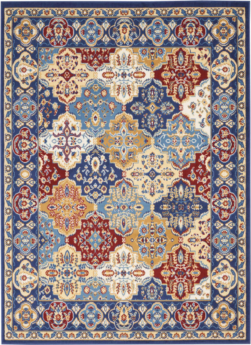 Close-up of Nourison Grafix Multicolor Bohemian Indoor Area Rug. Features blue, red, and gold floral and geometric patterns.