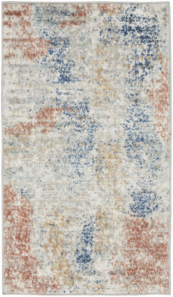 Close-up of Nourison Quarry Ivory Multicolor rug. Contemporary design with chestnut, blue, and ivory hues.