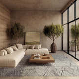 Modern living room with beige sofa and Nourison Colorado Grey White area rug.