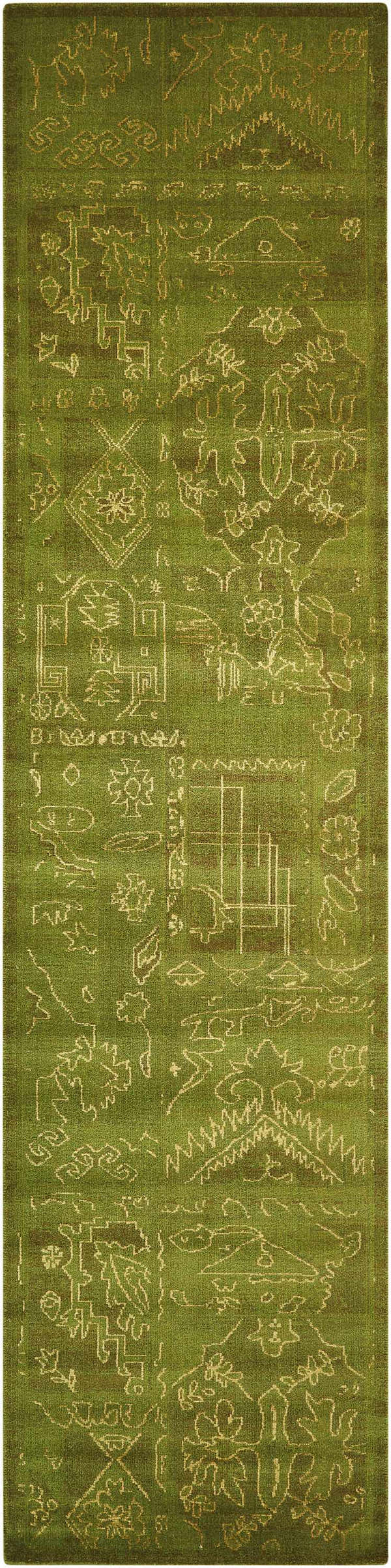 Close-up of Nourison Silk Infusion Green Runner Rug. Features a detailed, abstract pattern in light gold on a textured green wool.