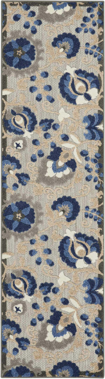 Close up of Nourison Aloha Natural Blue Farmhouse Area Rug. Features a floral pattern in shades of blue, beige, and gray.