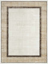 Close-up of the Nourison Dekor Ivory Brown rug. Features a chestnut border and a subtle grid pattern.