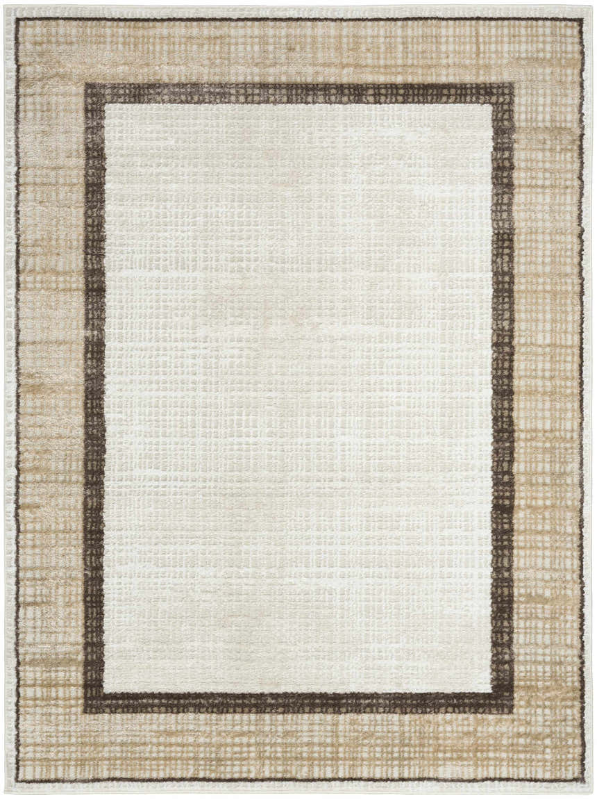 Close-up of the Nourison Dekor Ivory Brown rug. Features a chestnut border and a subtle grid pattern.