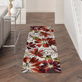 Hallway with Nourison Fantasy Ivory rug runner, chestnut floral pattern on wood floors.