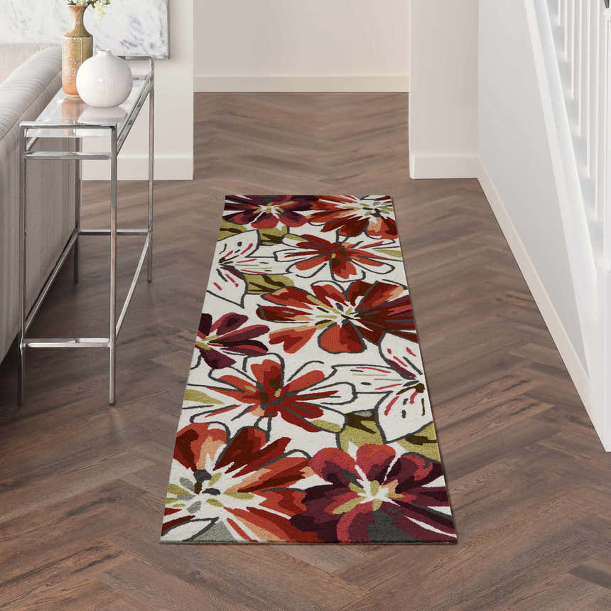 Hallway with Nourison Fantasy Ivory rug runner, chestnut floral pattern on wood floors.
