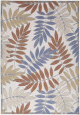 Close-up of Nourison Aloha Blue Mocha Outdoor Area Rug featuring a leaf pattern in blue, mocha, and beige.