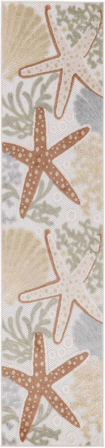Close-up of the Nourison Aloha Ivory Multicolor Outdoor Area Rug featuring starfish, shells, and coral in chestnut and beige.