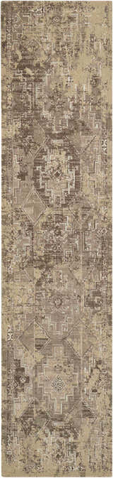 Close-up of Nourison Silk Elements Mushroom Persian rug. Runner with distressed geometric pattern in beige and brown tones.