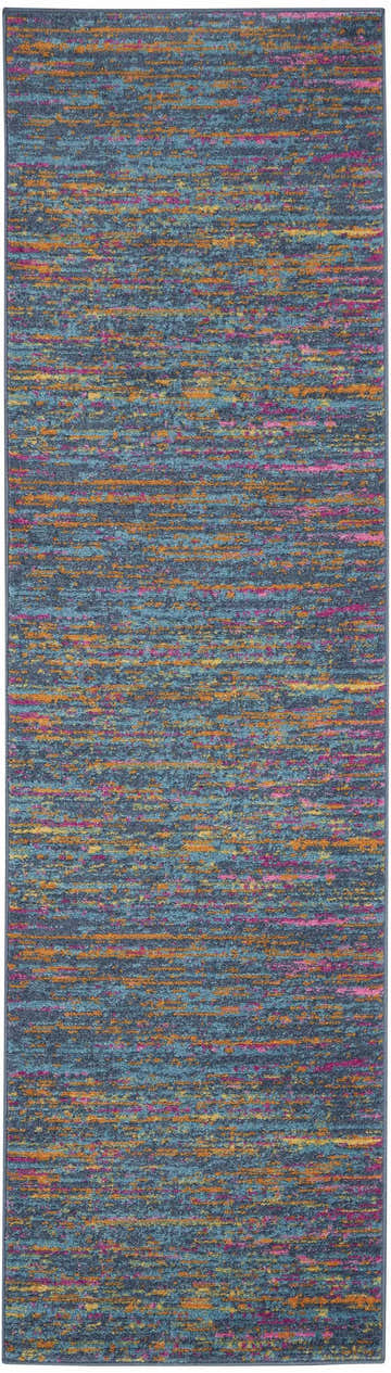 Close-up of Nourison Passion Blue Multicolor rug, featuring a contemporary horizontal stripe pattern in blue, orange, and pink hues.