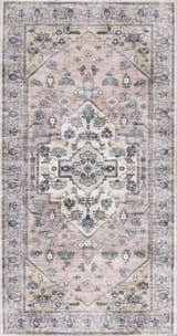 Close-up of the Nourison Grand s Blush Vintage Indoor Washable Area Rug, featuring a faded floral pattern and ornate border.
