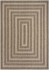 Close-up of the Nourison Tulum Brown Outdoor Area Rug, featuring a concentric rectangle pattern in brown and beige tones.