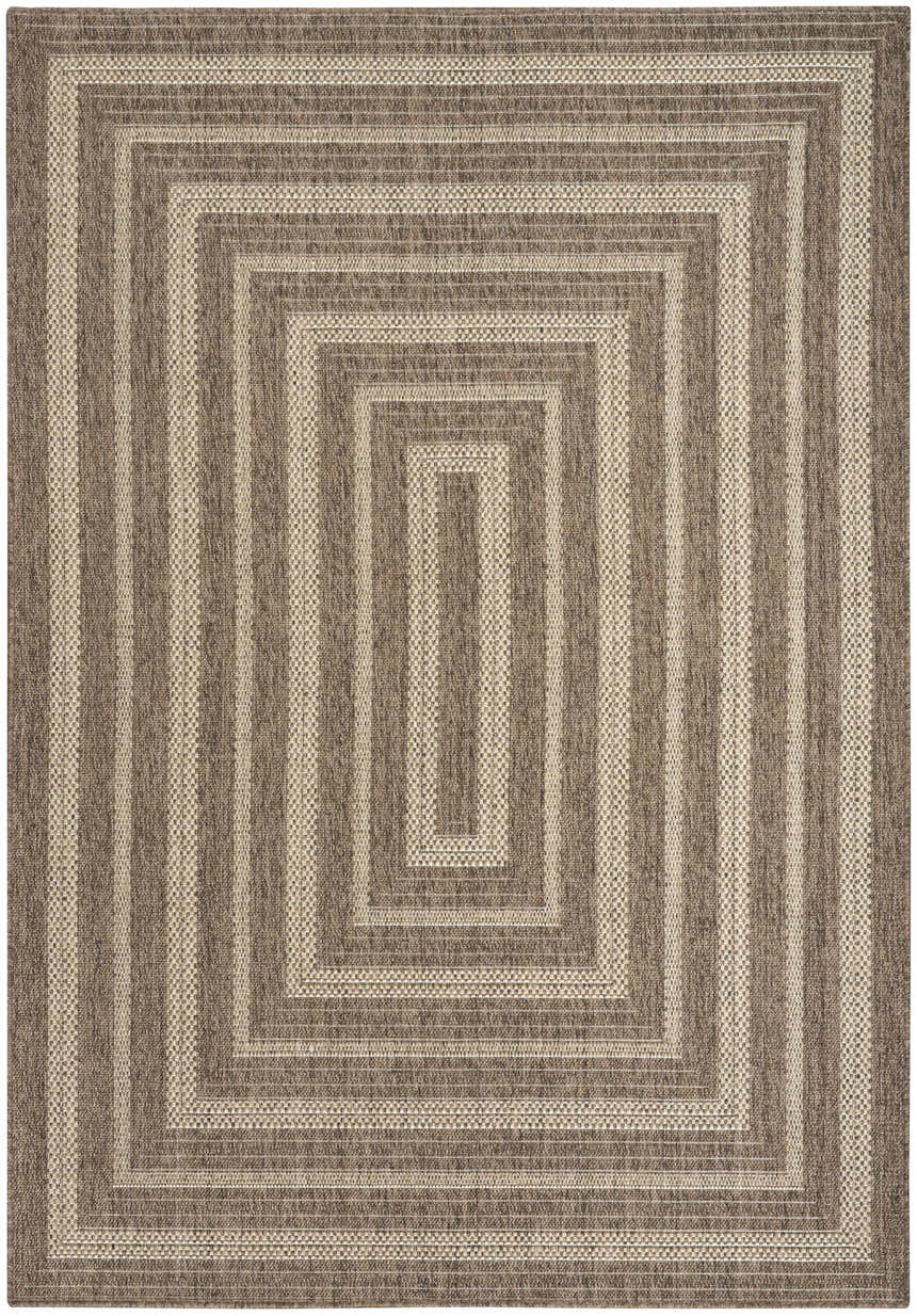 Close-up of the Nourison Tulum Brown Outdoor Area Rug, featuring a concentric rectangle pattern in brown and beige tones.