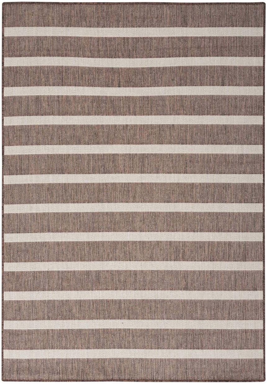 Close-up of the Nourison Positano Natural Ivory rug with chestnut brown stripes and a textured, machine-made weave.