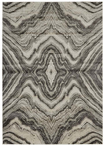 Close-up of Feizy Katari rug. Abstract, transitional design in gray, ivory, and tan. Machine-made polypropylene with a soft texture. Design-Rectangle