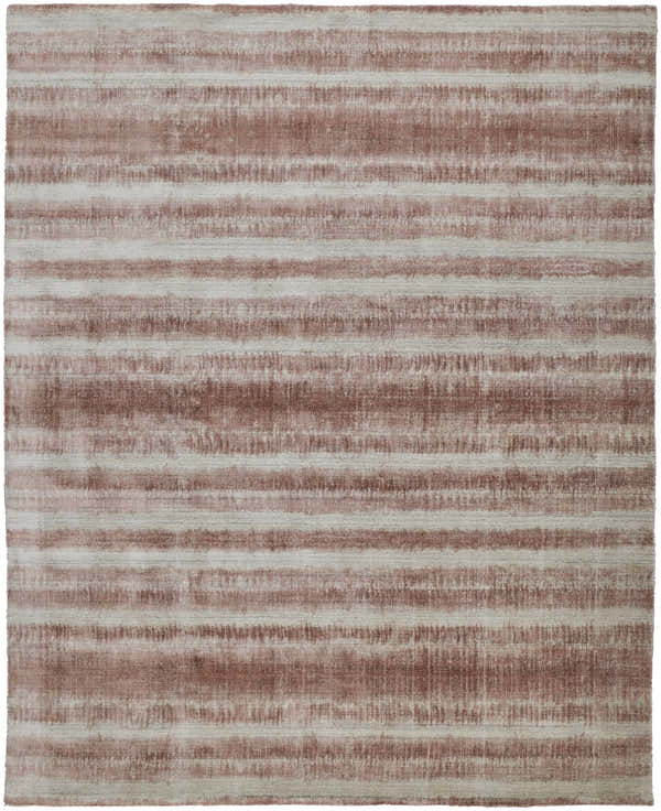 Close-up of Feizy Mackay rug. Tan, ivory, and pink stripes create a casual, transitional pattern. Hand-woven wool and viscose texture. Design-Rectangle