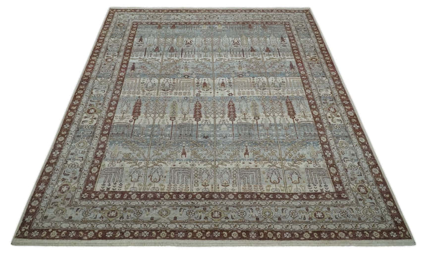 Distress Finish Tree of life Gray, Ivory, Brown and Olive Traditional Floral Hand knotted 8x10 wool Area Rug