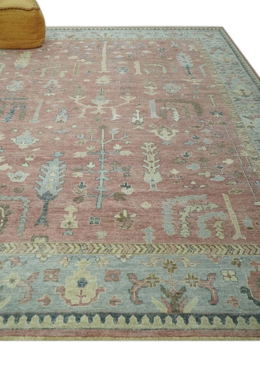 Distress Finished Tree of Life Hand Knotted Rust and Blue Custom Made Wool Rug