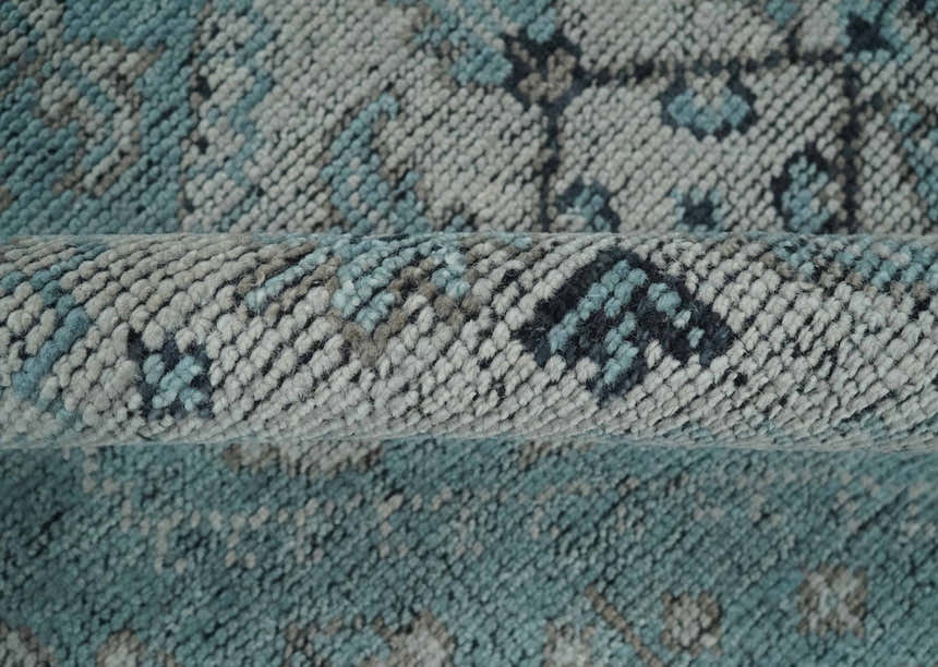 Distressed Hand Knotted Multi Size Blue, Silver and Charcoal Traditional Low Pile Wool Area Rug