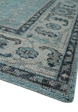 Distressed Hand Knotted Multi Size Blue, Silver and Charcoal Traditional Low Pile Wool Area Rug
