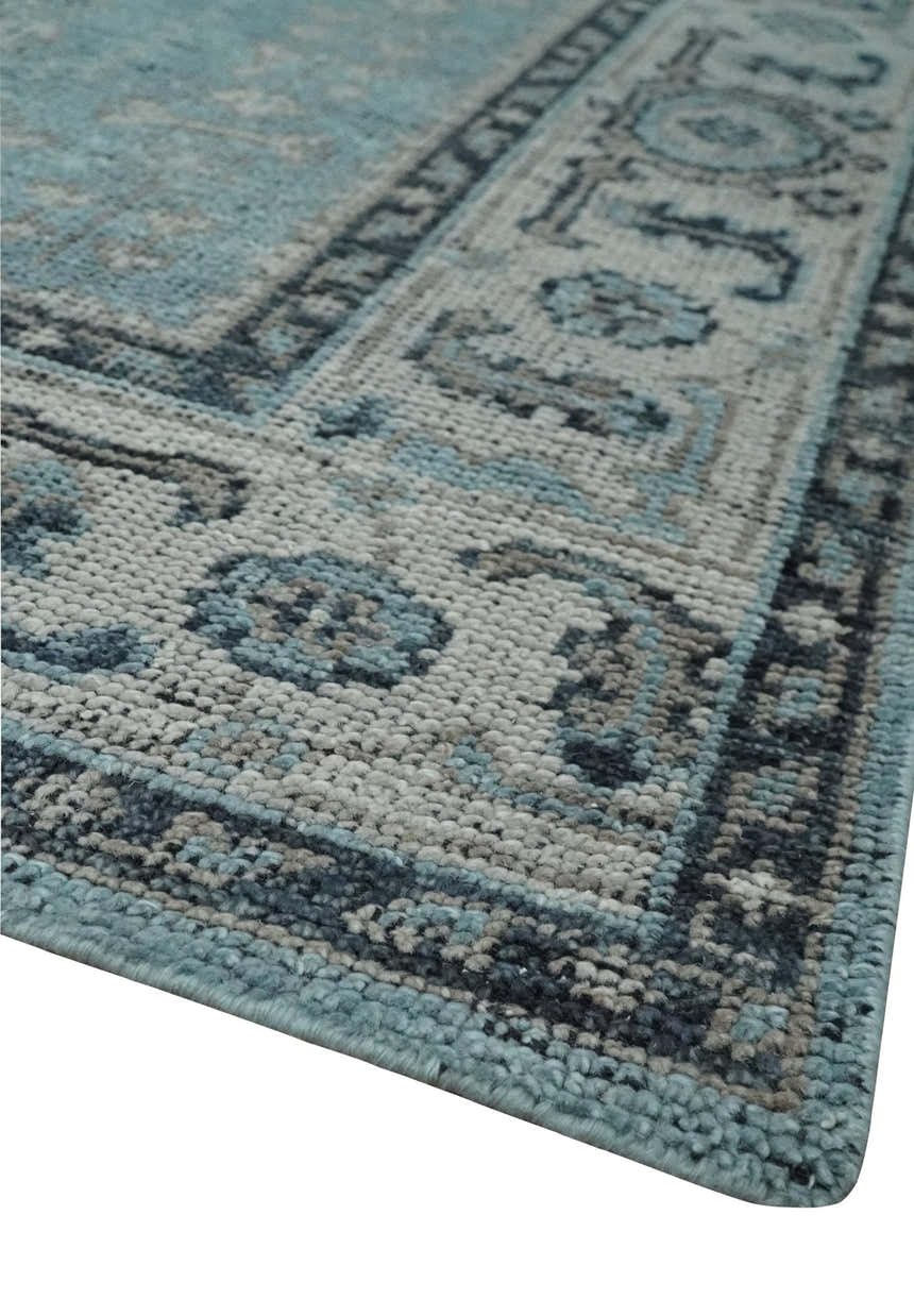Distressed Hand Knotted Multi Size Blue, Silver and Charcoal Traditional Low Pile Wool Area Rug