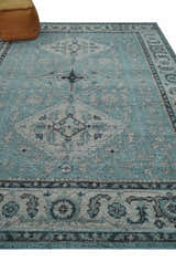 Distressed Hand Knotted Multi Size Blue, Silver and Charcoal Traditional Low Pile Wool Area Rug